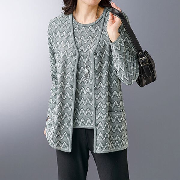 BELLUNA（ベルーナ）の「矢振り柄ジャカードニットアンサンブル（ニットカーディガン）」｜詳細画像