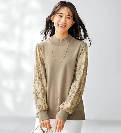 BELLUNA（ベルーナ）の「袖レースデザインニットプルオーバー（ニット・セーター）」