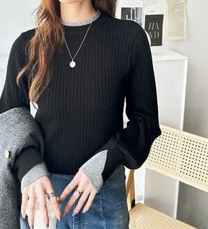 GeeRA（ジーラ）の「【再入荷】レイヤード風モチっと柔らかリブニット（ニット・セーター）」｜ブラック&times;グレー