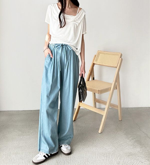 GeeRA（ジーラ）の「【接触冷感】穿いて感激！キレイ見えする楽ちんワイドデニムパンツ（ワイドパンツ・ガウチョ）」｜詳細画像