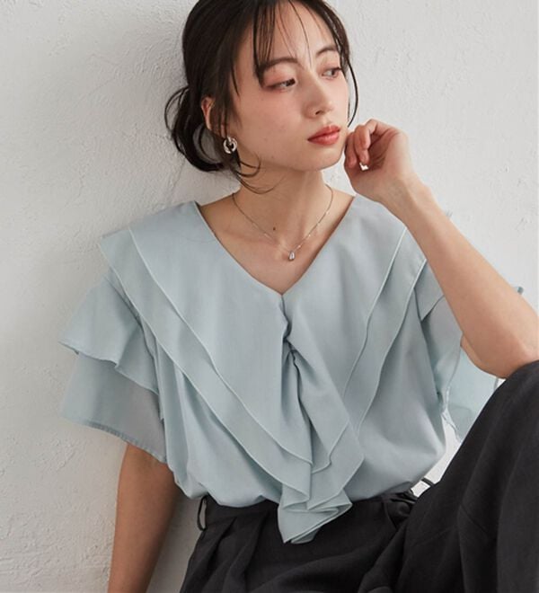 RANAN（ラナン）の「ビッグカラーフリルハーフスリーブブラウス（シャツ）」｜ミント