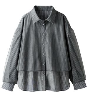 BELLUNA（ベルーナ）の「華やぎチュール重ねシャツブラウス（ブラウス）」｜チャコールストライプ