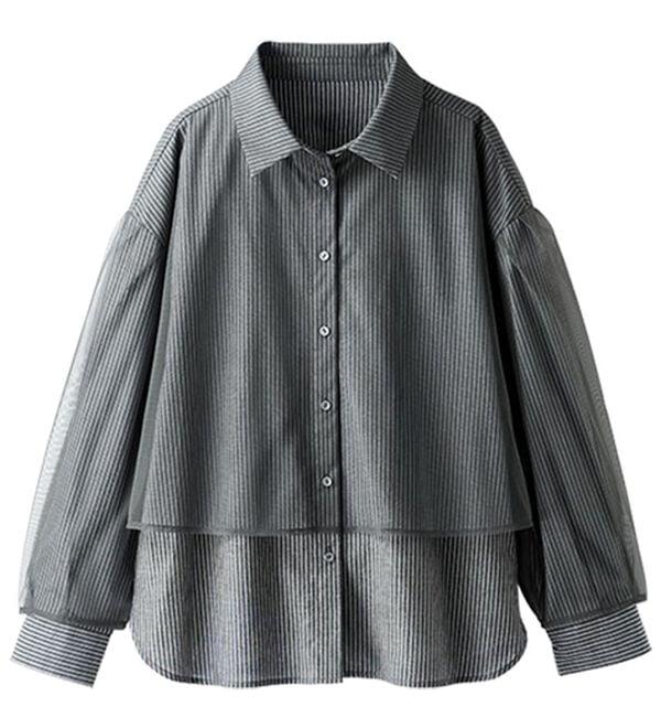 BELLUNA（ベルーナ）の「華やぎチュール重ねシャツブラウス（ブラウス）」｜チャコールストライプ