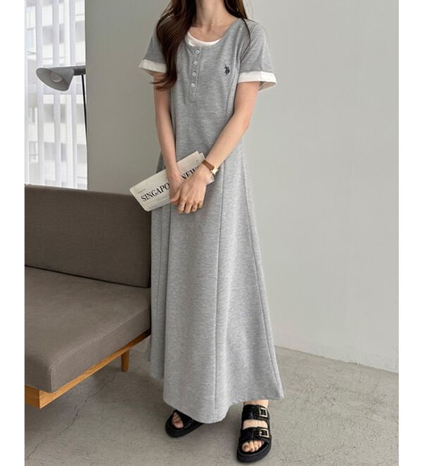 GeeRA（ジーラ）の「【ＵＳ．ＰＯＬＯ．ＡＳＳＮ】レイヤード風ヘンリーネック半袖ワンピース（カットソーワンピース）」｜詳細画像