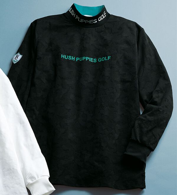 「＜ハッシュパピー・ゴルフ＞吸汗速乾ジャカード柄ハイネック（メンズカットソー）」｜ブラック