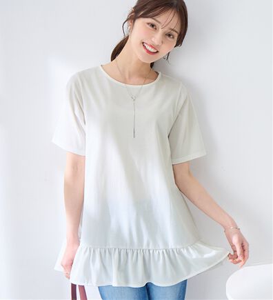 alotta（アロッタ）の「【接触冷感】すっきり細見え！裾フリルＡラインチュニックＴシャツ（チュニック）」