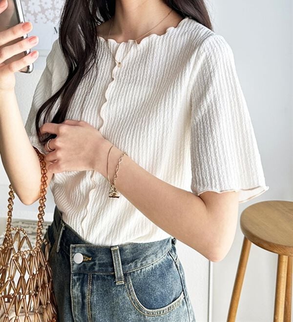 GeeRA（ジーラ）の「前後２ＷＡＹ配色メロー５分袖カットソー（カットソー）」｜アイボリー