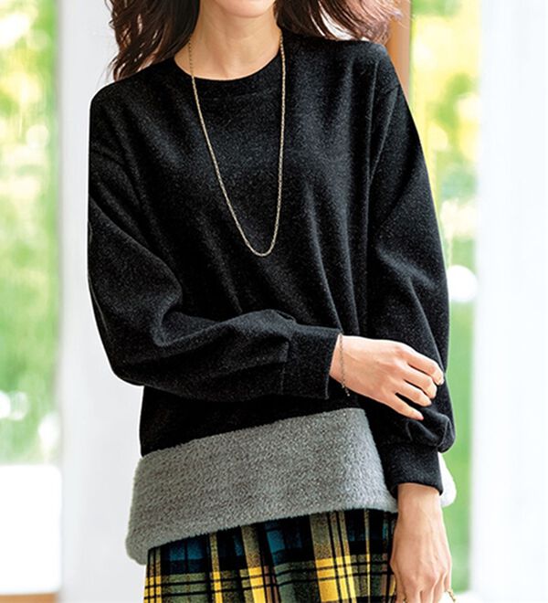 BELLUNA（ベルーナ）の「ラメ入りファー切替デザインプルオーバー（カットソー）」｜黒系