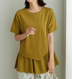 BELLUNA（ベルーナ）の「異素材使い裾アシメデザインチュニック（チュニック）」｜オリーブグリーン