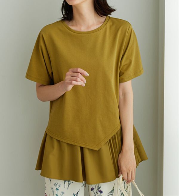 BELLUNA（ベルーナ）の「異素材使い裾アシメデザインチュニック（チュニック）」｜オリーブグリーン