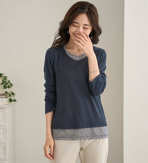 BELLUNA（ベルーナ）の「ボーダーレイヤード風デザインプルオーバー（カットソー）」｜詳細画像