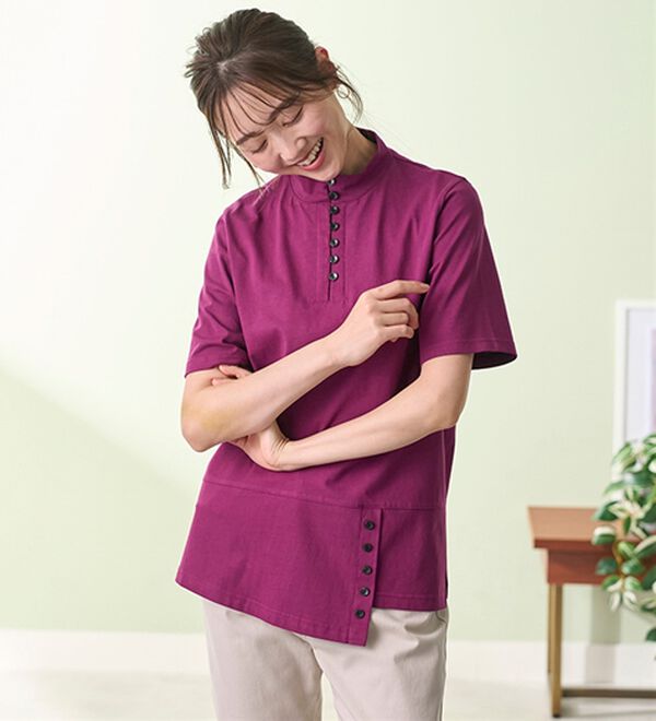 BELLUNA（ベルーナ）の「汗染み対策！綿１００％多ボタンハイネックＴシャツ（カットソー）」｜詳細画像