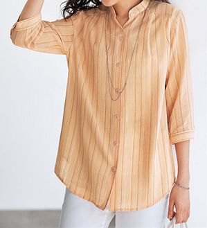 BELLUNA（ベルーナ）の「ストライプ柄スキッパーブラウス（ブラウス）」｜オレンジ系