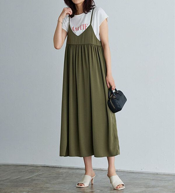 Pierrot（ピエロ）の「【選べる丈】前後２ｗａｙギャザー切り替えキャミワンピース（カットソーワンピース）」｜詳細画像