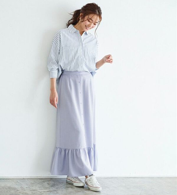 Pierrot（ピエロ）の「【選べる丈】フロントボタンヘムギャザースカート（ロングスカート）」｜詳細画像