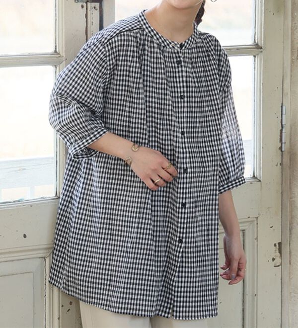 A HAPPY MARILYN（アハッピーマリリン）の「【Ｌ～６Ｌ】【風通るプレミアム】綿・楊柳七分袖はしごレースブラウス（ブラウス）」｜ギンガム