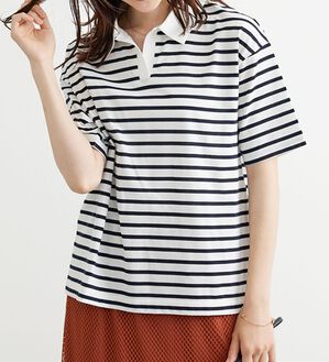 BELLUNA（ベルーナ）の「ボーダー柄スキッパーポロシャツ（カットソー）」｜オフ白&times;ネイビー