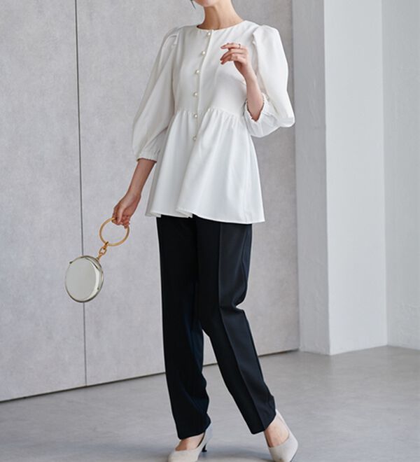 RANAN 新定番スーツシリーズ】洗える！パールボタンペプラムブラウス