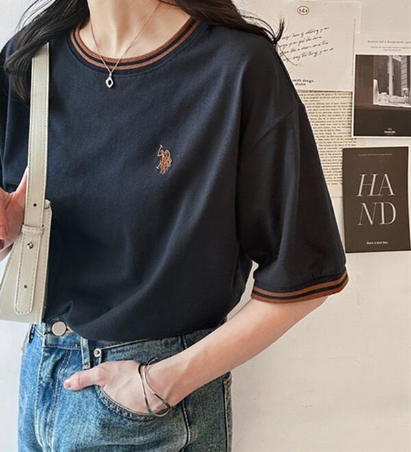 GeeRA（ジーラ）の「【ＵＳ．ＰＯＬＯ．ＡＳＳＮ】ライン配色Ｔシャツ（Tシャツ）」｜ネイビー