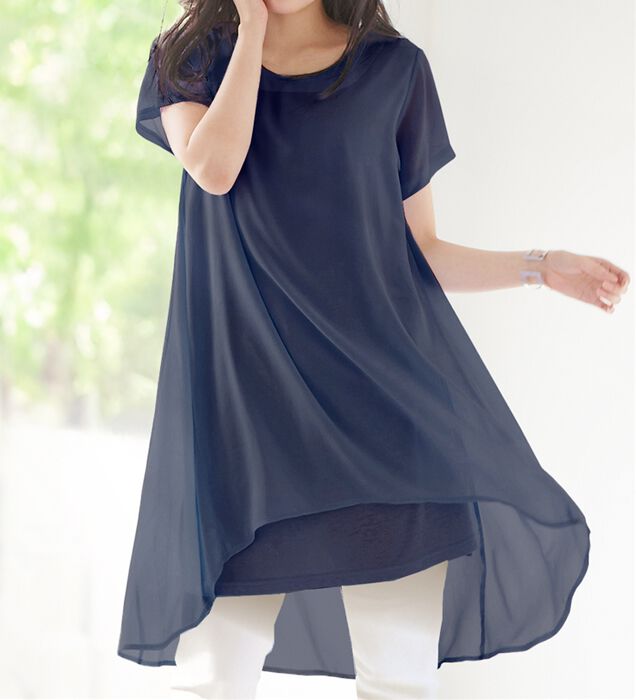 OURHOMEハリ感素材のチュニック丈プルオーバー