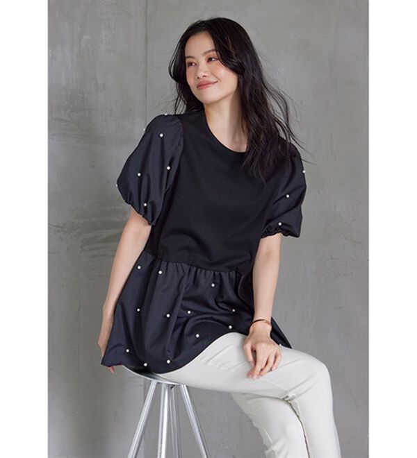 RANAN（ラナン）の「ひんやり！パール調ビーズ使いボリューム袖プルオーバー（カットソー）」｜詳細画像