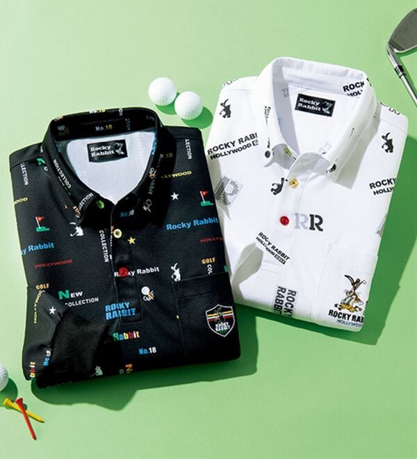 「【２枚組】＜ロッキーラビット＞ゴルフデザイン総柄ポロシャツ（メンズポロシャツ）」｜2枚組