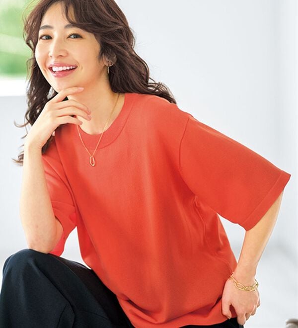 BELLUNA（ベルーナ）の「【快適Ｌａｂ．】シャリ冷！洗える多機能ニットＴシャツ（ニット・セーター）」｜コーラル