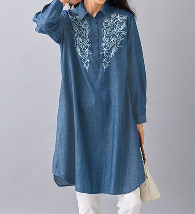 BELLUNA（ベルーナ）の「ナチュラルに体型カバーデニム刺しゅうチュニックワンピース（チュニックワンピース）」