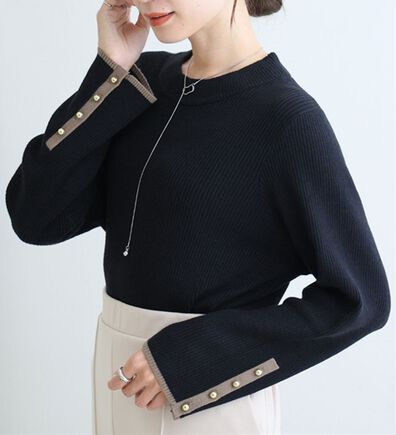 A HAPPY MARILYN（アハッピーマリリン）の「【Ｌ～８Ｌ】フィットしすぎない！もっちりリブ 配色美人着回し 袖ボタンニット（ニット・セーター）」