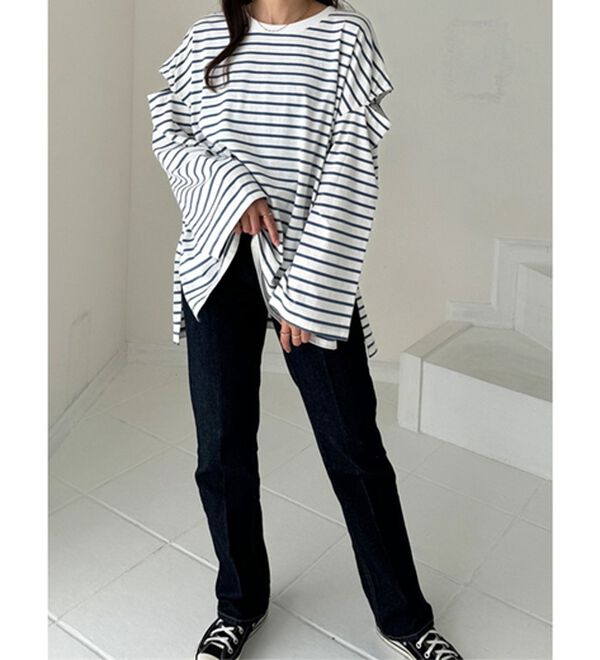 GeeRA（ジーラ）の「袖スリットボーダーカットソー（カットソー）」｜詳細画像