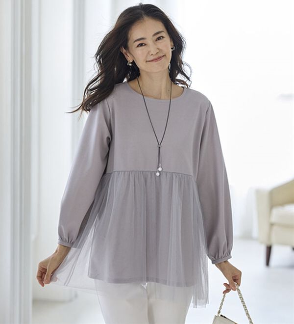 BELLUNA（ベルーナ）の「お出かけがしたくなる！チュール重ねプルオーバー（ネックレス付）（カットソー）」｜詳細画像