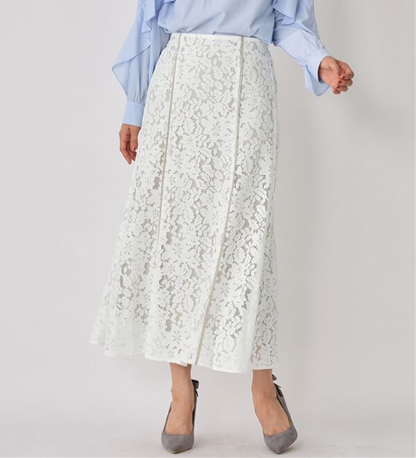 alotta（アロッタ）の「【上品に決まる】配色パイピングレーススカート【美人百花掲載】（ロングスカート）」｜オフホワイト