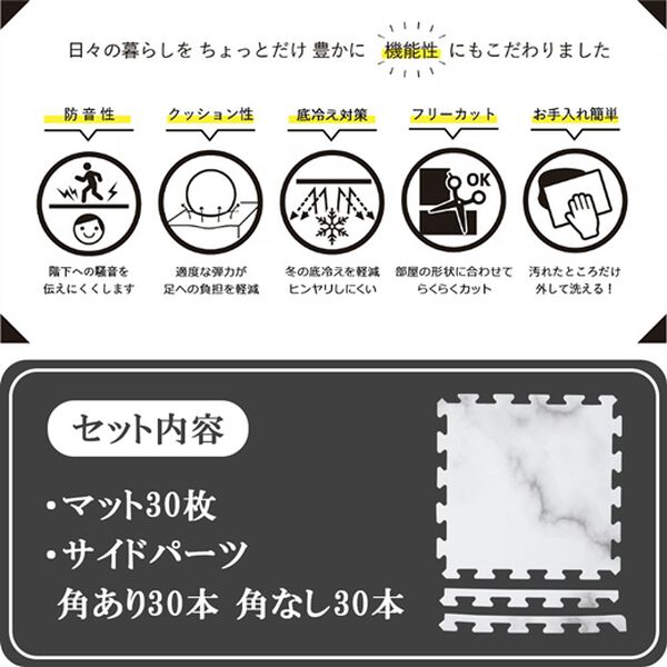 「３０枚組大理石調ジョイントマット＜約６畳・プレイマット・クッションマット・クッションラグ・防音５８角＞（ジョイントマット）」｜詳細画像