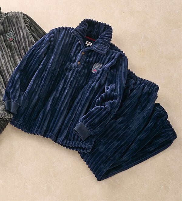 「＜エドウイン＞ストライプベロアセットアップスーツ（メンズルームウェア）」｜ネイビー