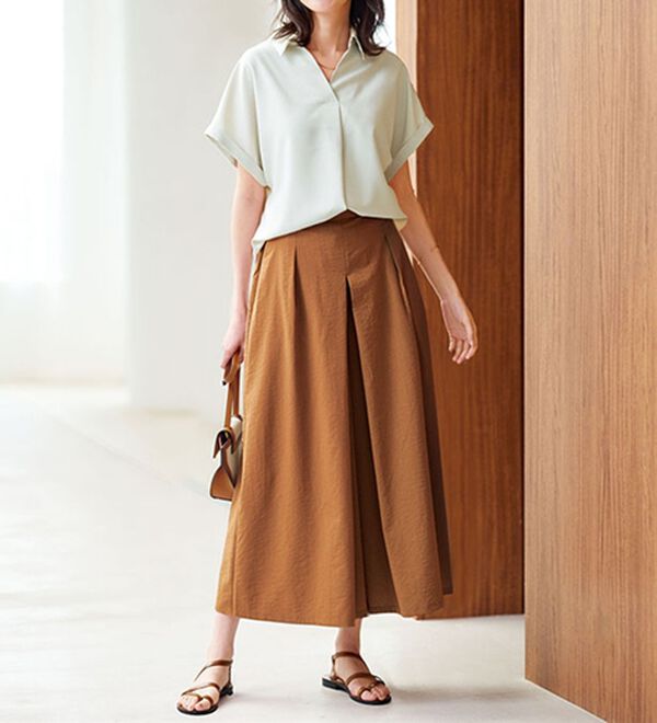 BELLUNA（ベルーナ）の「ひんやりスラブ調素材ガウチョパンツ（フルレングスパンツ）」｜詳細画像