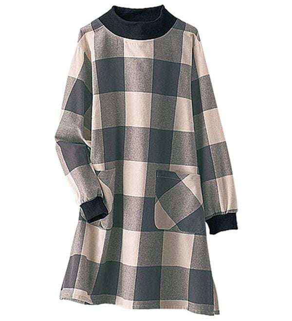 BELLUNA（ベルーナ）の「便利であたたか！リブ付チェック柄チュニック（チュニック）」｜ベージュ&times;グレー系