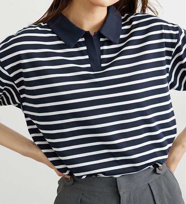 BELLUNA（ベルーナ）の「ボーダー柄スキッパーポロシャツ（カットソー）」｜詳細画像