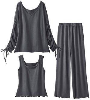 YU'NOW（ユナウ）の「リブルームウエア３点セット（パジャマ・ルームウェア）」｜チャコールグレー