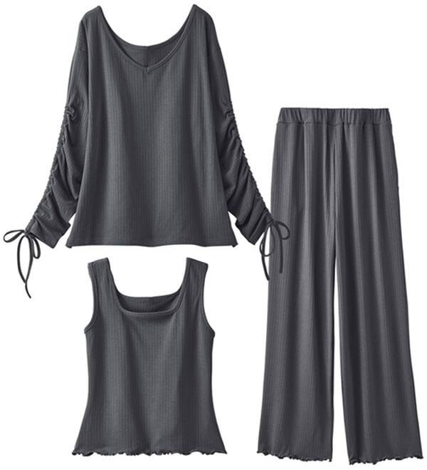 YU'NOW（ユナウ）の「リブルームウエア３点セット（パジャマ・ルームウェア）」｜チャコールグレー