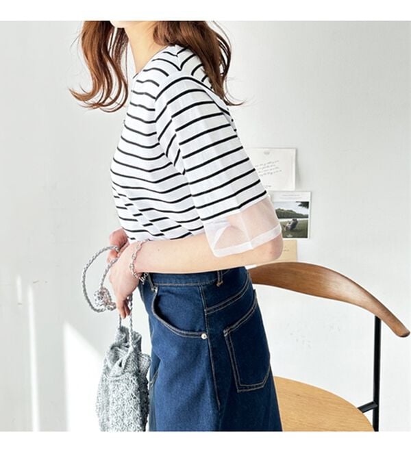 GeeRA（ジーラ）の「綿１００％袖シアー切替シルケットＴシャツ（Tシャツ）」｜詳細画像