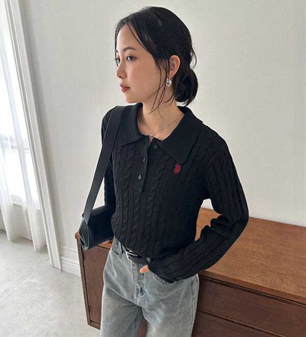 RANAN（ラナン）の「＜Ｕ．Ｓ．Ｐ＞刺繍長袖ケーブルポロニット（ニット・セーター）」｜詳細画像