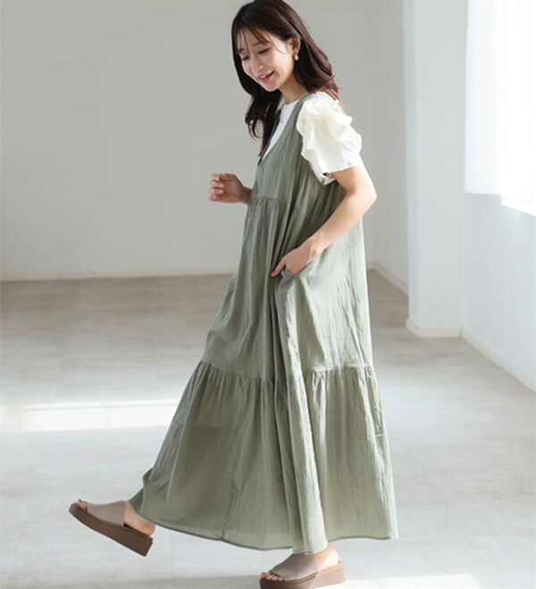 A HAPPY MARILYN（アハッピーマリリン）の「【Ｌ～６Ｌ】【風通るプレミアム】ウエストギャザーＶネックノースリーブワンピース（ロングワンピース）」｜詳細画像