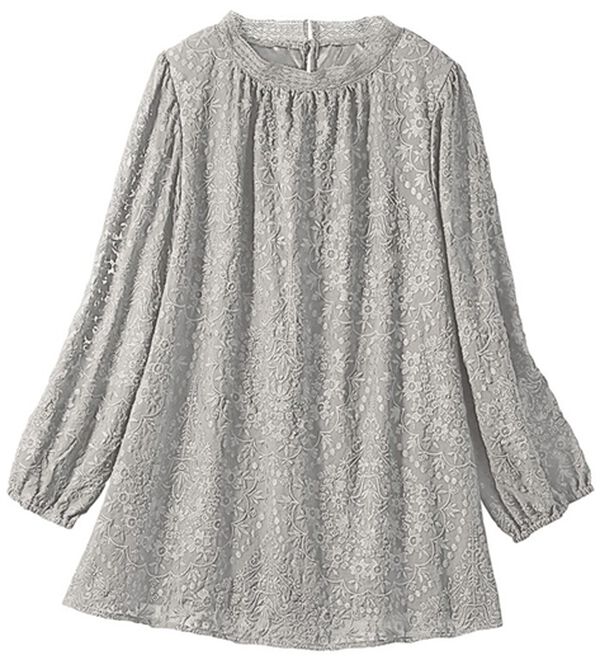 VINNO（ヴィノ）の「刺しゅうレースハイネックブラウス（ブラウス）」｜ライトグレー