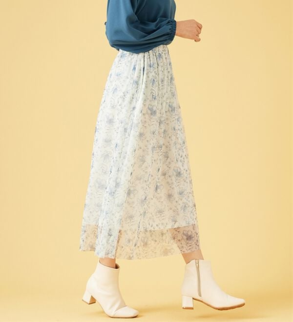 BELLUNA（ベルーナ）の「チュール素材上品プリントフレアースカート（ロングスカート）」｜詳細画像