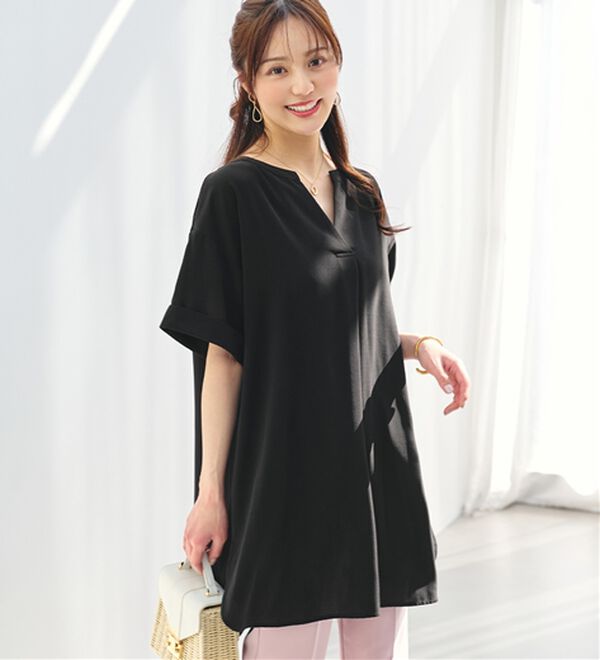 alotta（アロッタ）の「スキッパーとろみブラウスチュニック（ブラウス）」｜ブラック