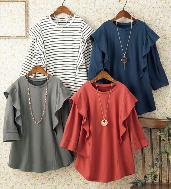 ルフラン（ルフラン）の「ちょい洒落＊７分袖ラッフルショルダーＴシャツ（カットソー）」｜詳細画像