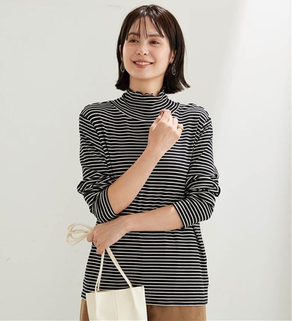 BELLUNA（ベルーナ）の「なめらか素材ハイネックボーダープルオーバー（カットソー）」｜詳細画像