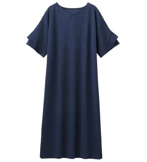 alotta（アロッタ）の「【４つの機能付】ひんやりフリル袖Ｔシャツワンピース（シャツワンピース）」｜ネイビー