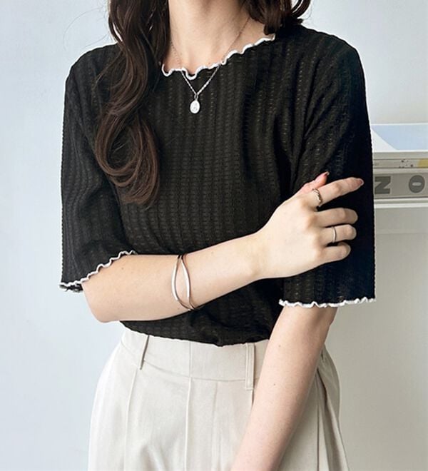 GeeRA（ジーラ）の「配色メロー５分袖表面感カットソー（カットソー）」｜詳細画像