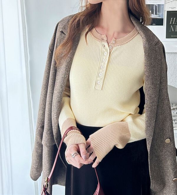 GeeRA（ジーラ）の「レイヤード風ヘンリーネックリブニットトップス（ニット・セーター）」｜詳細画像